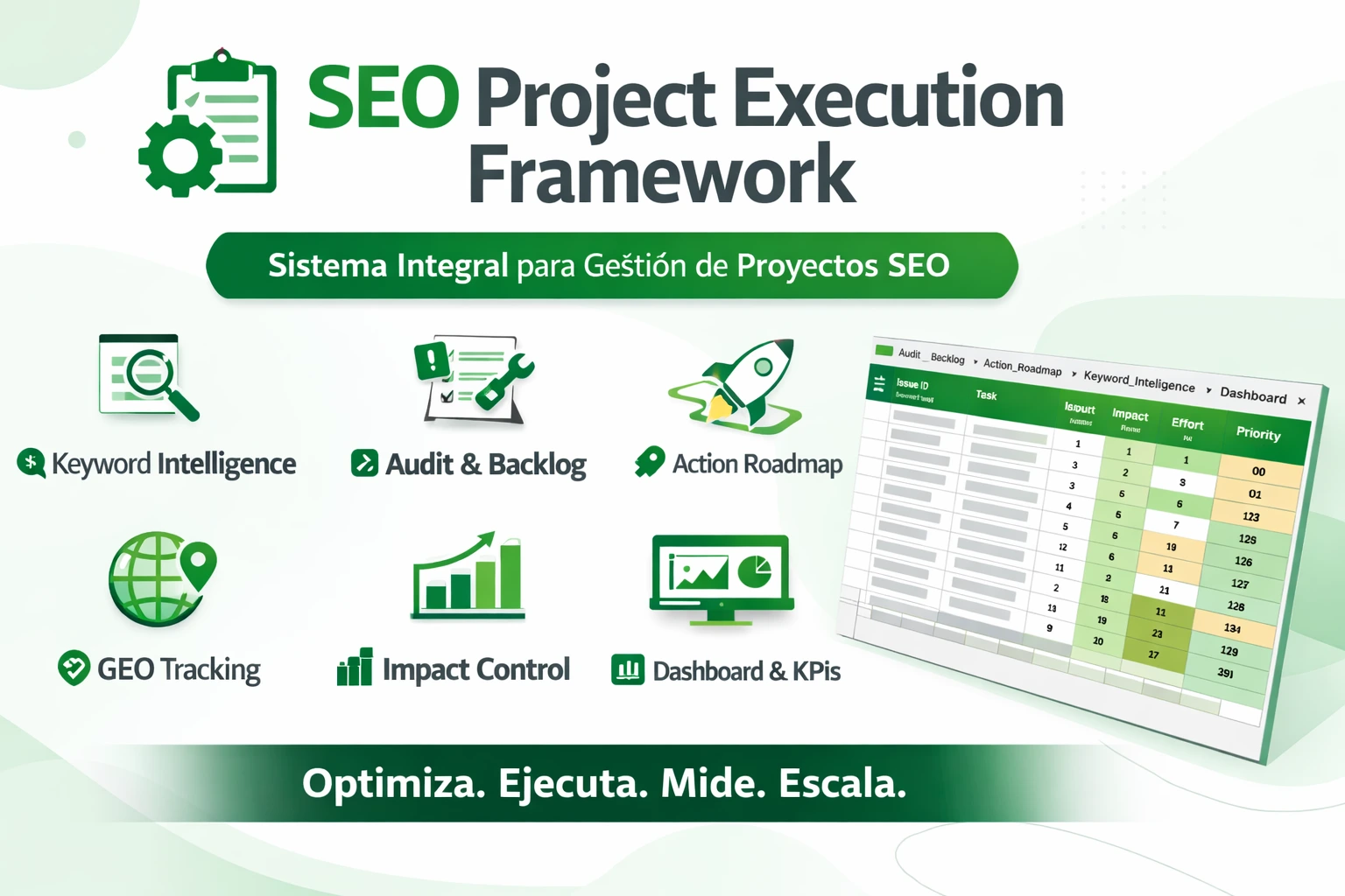 Ilustración del SEO Project Execution Framework en Google Sheets